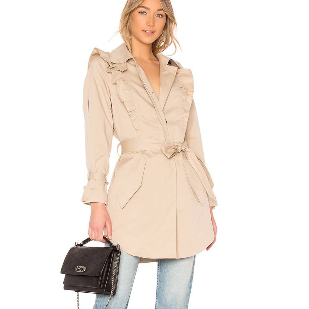 Joie x Revolve Gila Ruffle Trim Long Sleeve Trench Coat in Tan XS